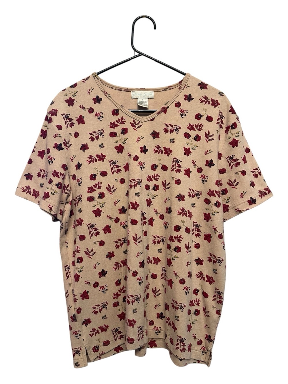 Vintage Emma’s Garden Beige Short Sleeve V-Neck Top with Burgundy Floral Print L